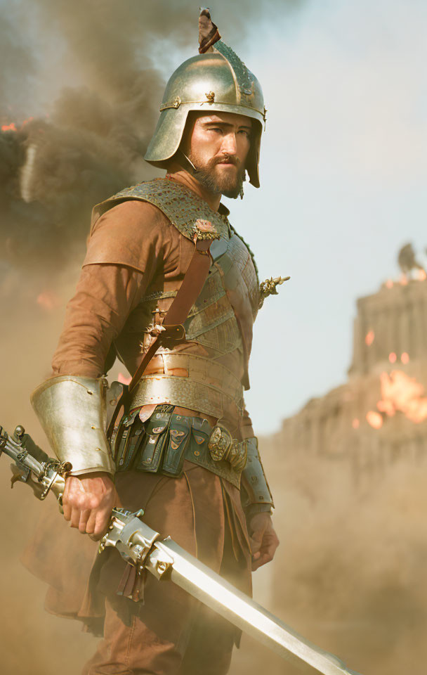 Ancient warrior in helmet, sword, and armor against fiery backdrop