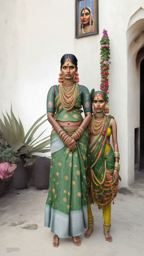 Traditional Indian Attire: Two Women in Courtyard with Floral Decoration