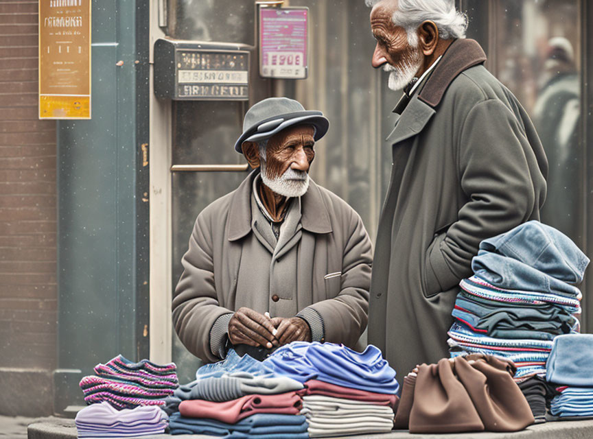 Two elderly men conversing by street vendor's textile display in urban setting