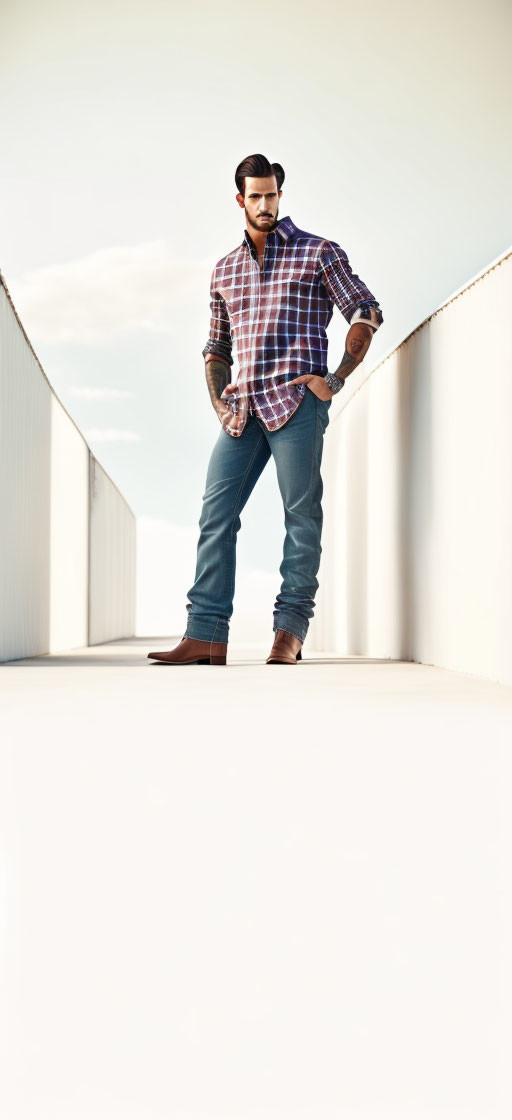 Confident person in plaid shirt and jeans against clear sky.
