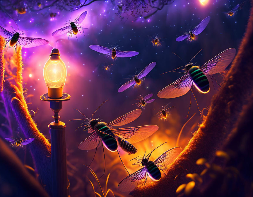 Enchanting forest scene with fireflies, dragonflies, and lantern