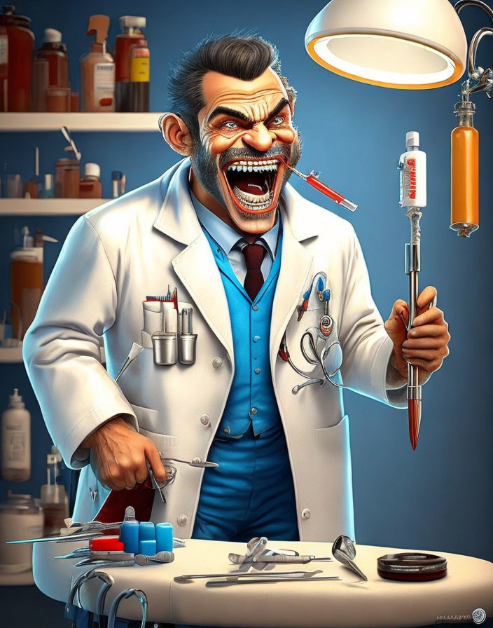 Exaggerated dentist caricature with syringe and dental tools
