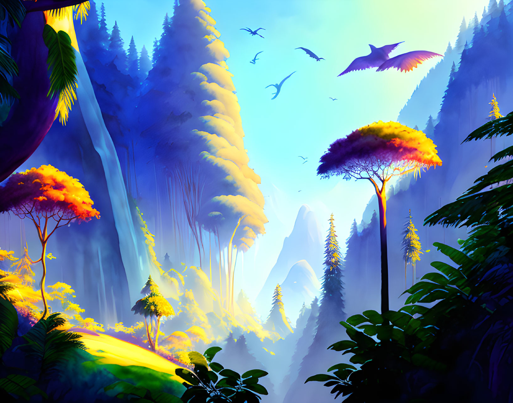 Colorful fantasy landscape with luminous trees, waterfalls, birds, and mountains
