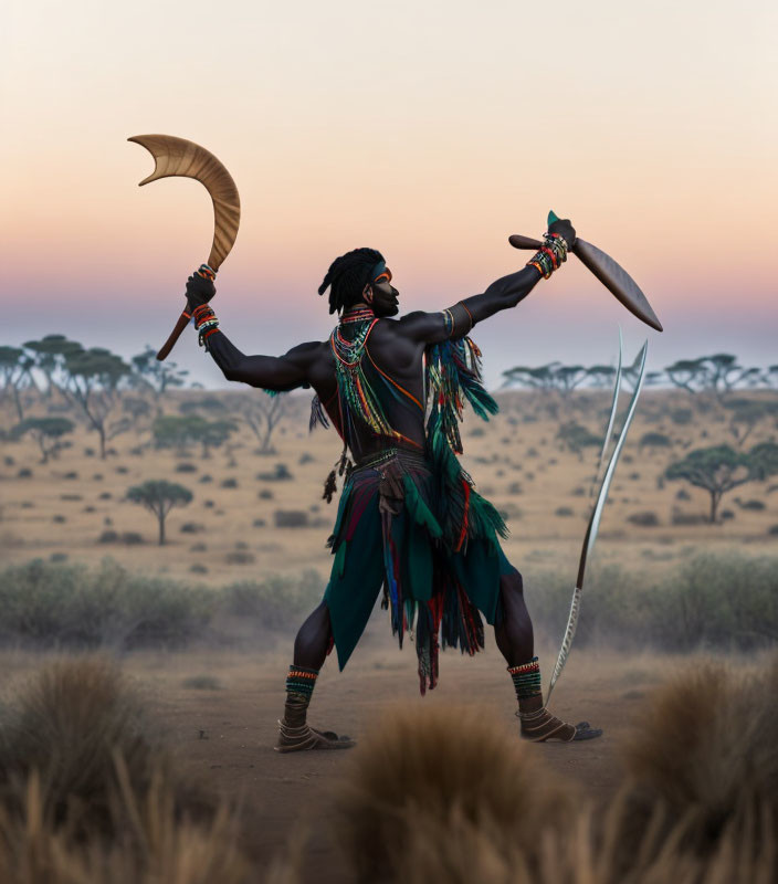 Traditional African attire with curved horn and bladed weapon in savanna landscape at dusk