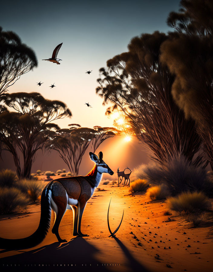 Australian Outback Scene with Kangaroo, Birds, and Bushy Trees