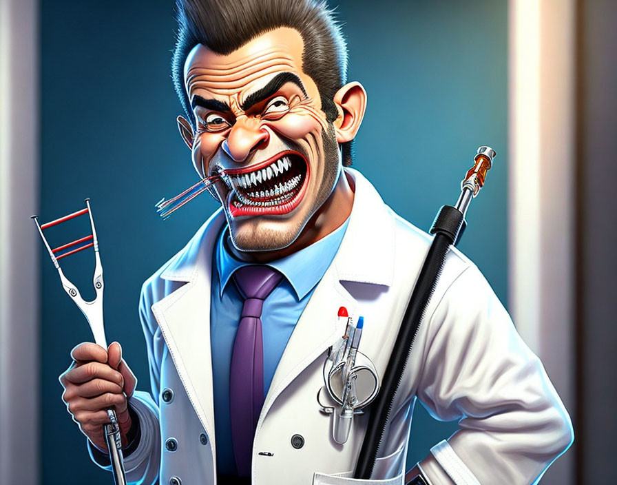 Exaggerated caricature of a menacing dentist with dental tools