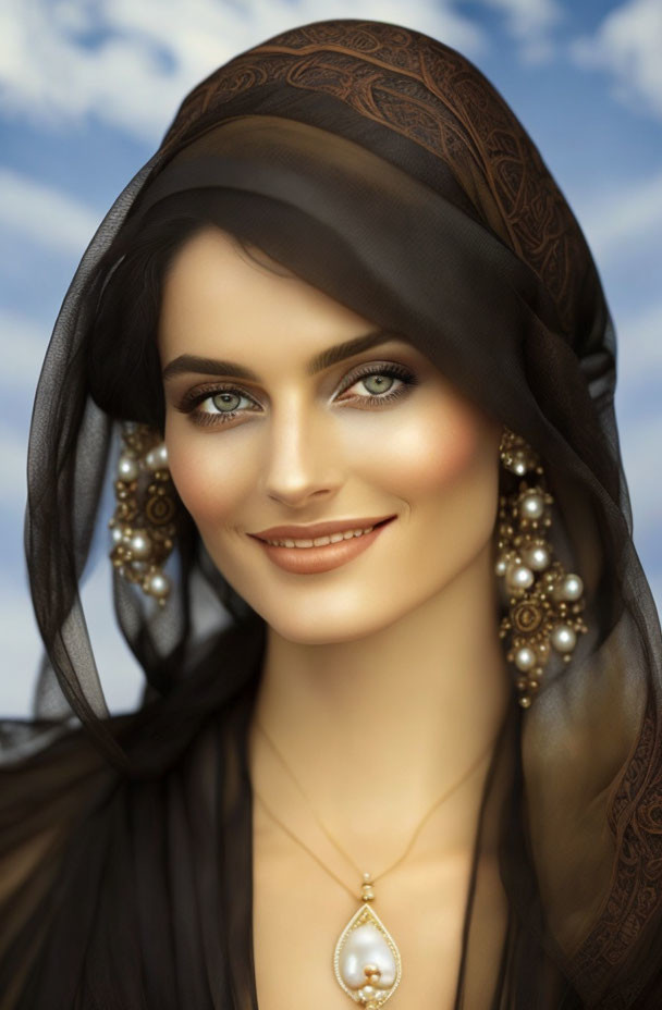 Blue-eyed woman in pearl necklace and earrings against blue sky.