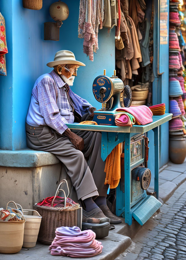 Elderly man at blue sewing table with vintage machine and colorful fabrics