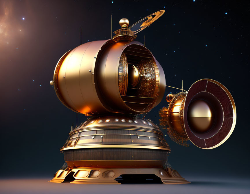 Fantastical Steampunk-style Spaceship in 3D Illustration