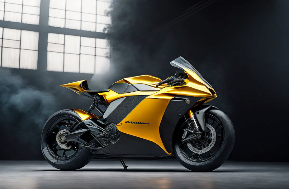 Yellow and Black Sport Motorcycle in Studio with Dramatic Lighting