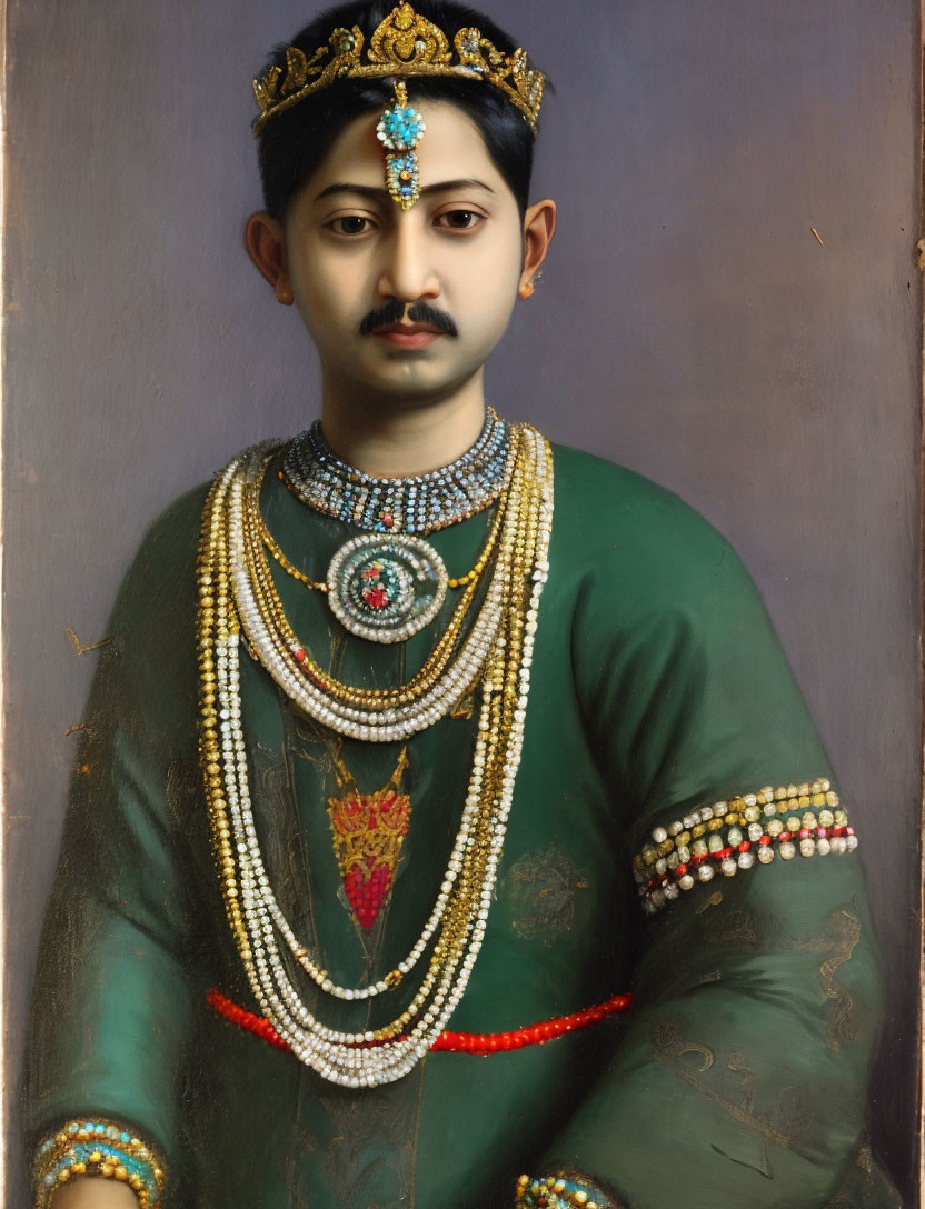 Man in Royal Attire with Green Jacket, Crown, and Stoic Expression
