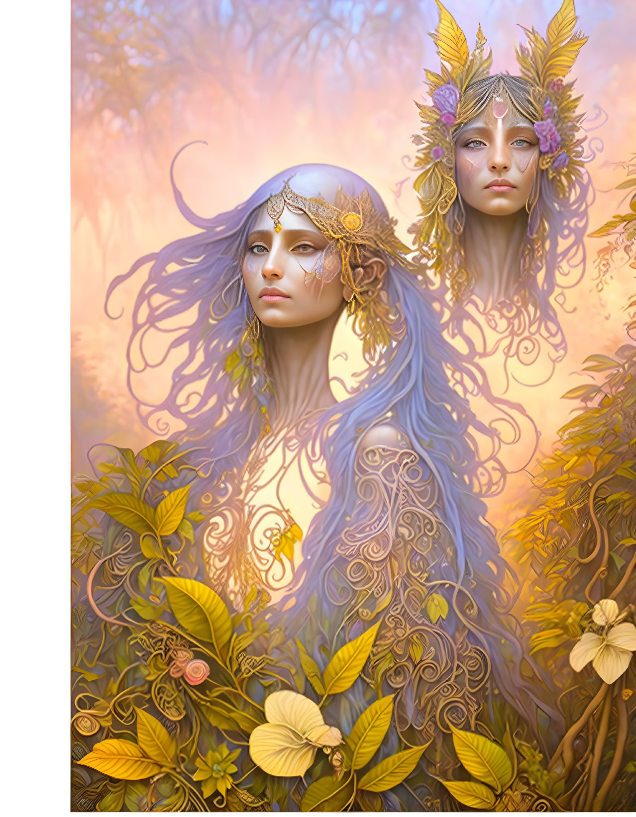Ethereal beings with wavy hair and ornate headdresses in golden floral setting