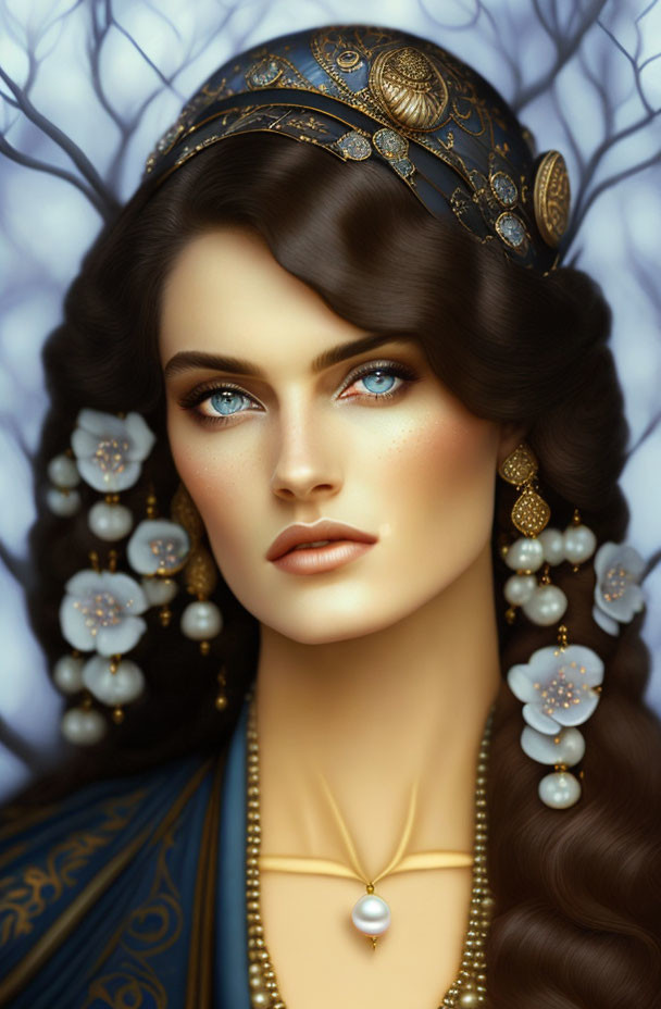 Digital portrait of woman with striking blue eyes in gold and pearl jewelry