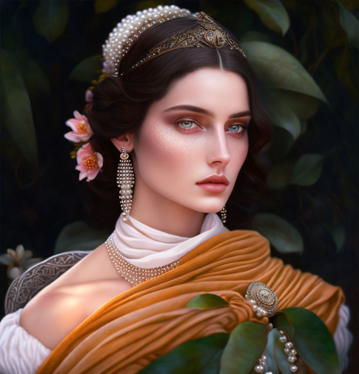 Portrait of woman with green eyes, pearl jewelry, golden tiara, draped shawl, white dress