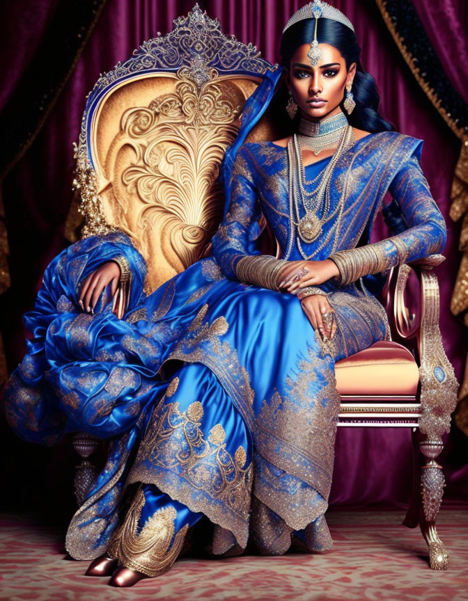 Regal woman in blue and gold traditional attire on ornate throne