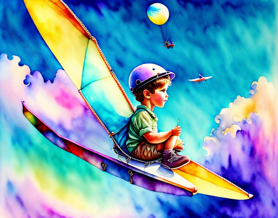 Illustration of young boy flying on paper airplane with tin can telephone