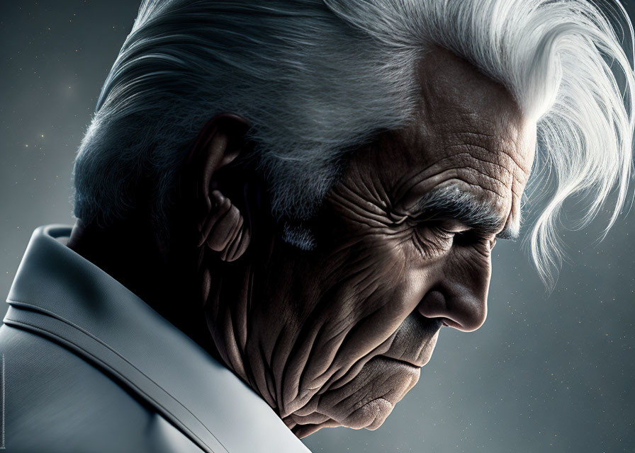 Detailed digital artwork of elderly man with white hair and deep wrinkles