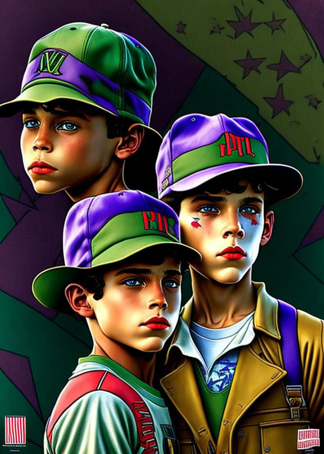Three boys in caps and jackets with enigmatic expressions on purple starry background