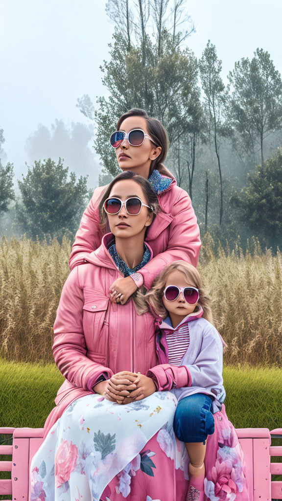Three females in pink attire and sunglasses on bench with foggy field.