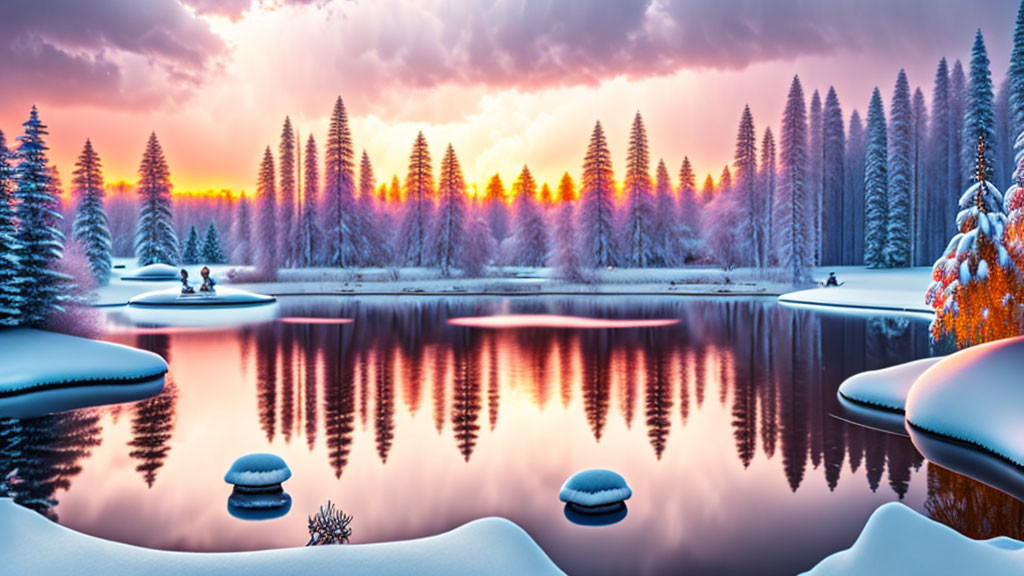 Winter dusk scene: Snowy landscape, pink sky reflected in lake, evergreen trees.