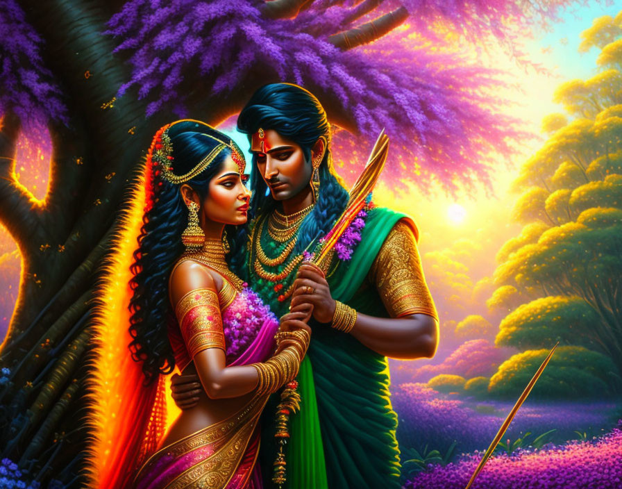 Illustration: Couple in Indian attire in magical forest at sunset