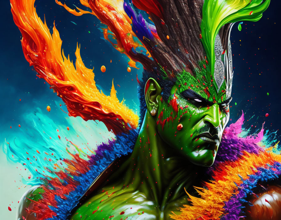 Colorful digital artwork: Person with fiery orange mohawk and green skin