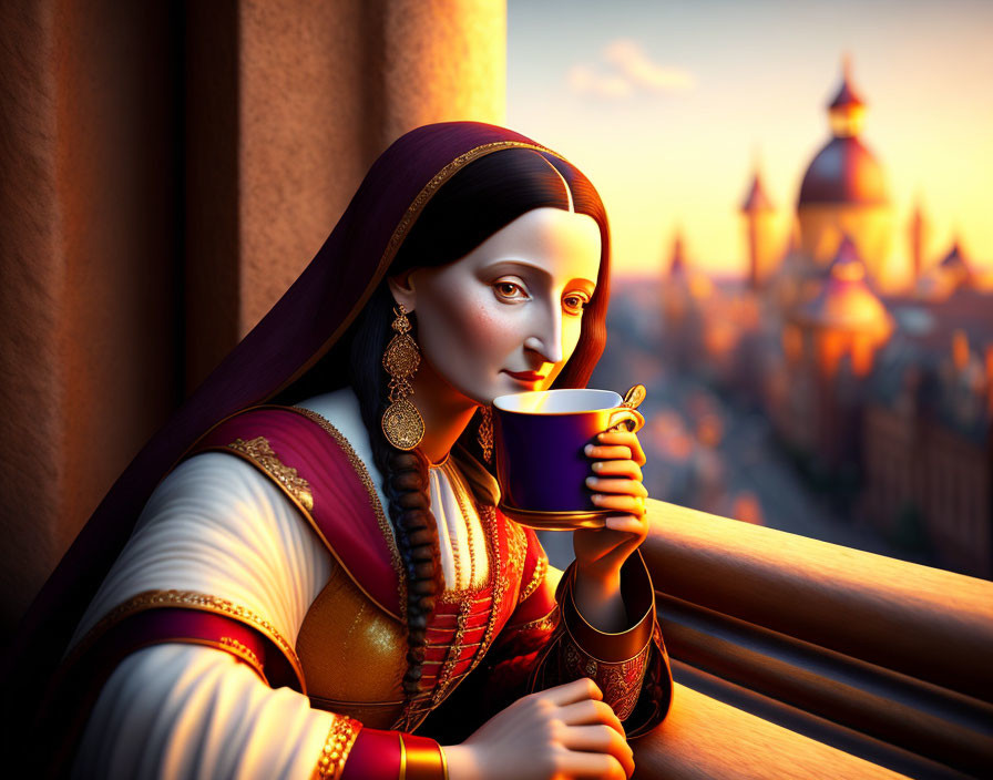 Medieval woman with braided hair sips from cup at sunset by castle spires