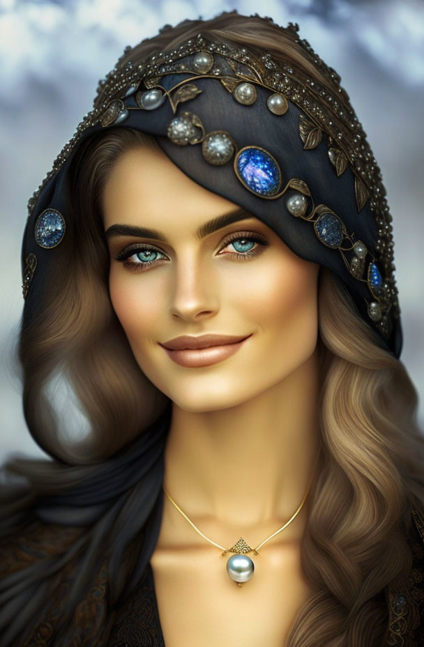 Woman with Blue Eyes Wearing Jeweled Headpiece and Pendant