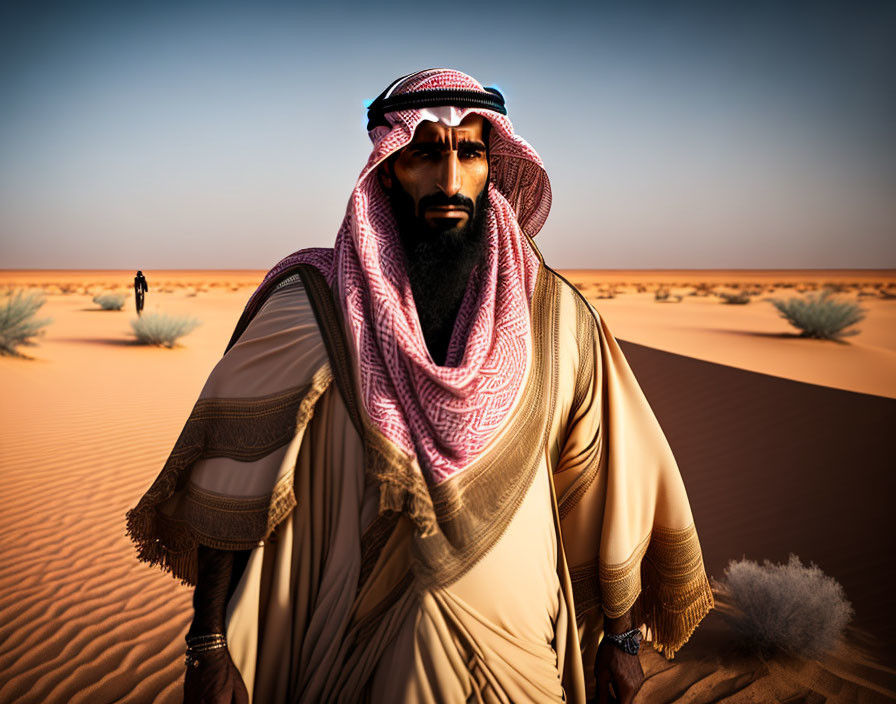 Traditional Arabian man in desert landscape with person walking under clear sky