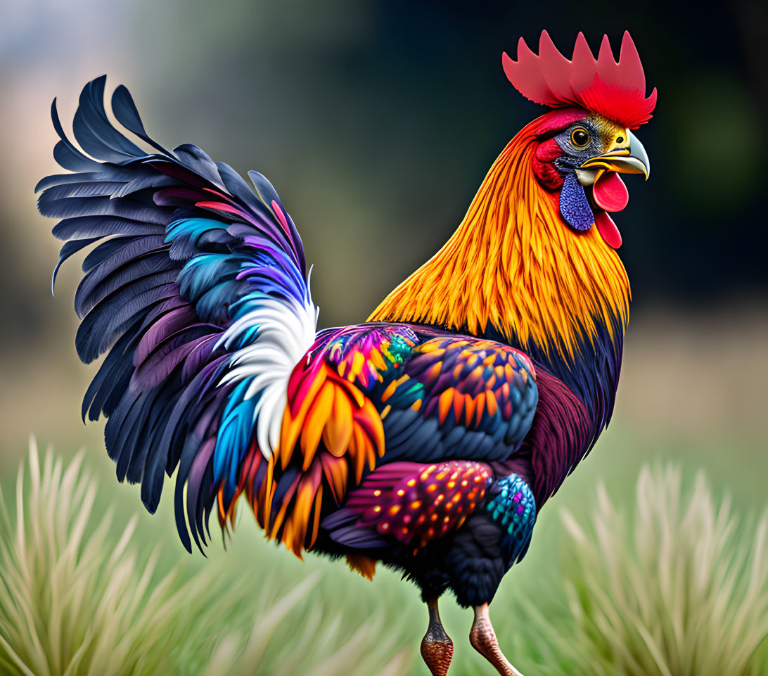 Colorful Rooster with Elaborate Tail and Red Comb