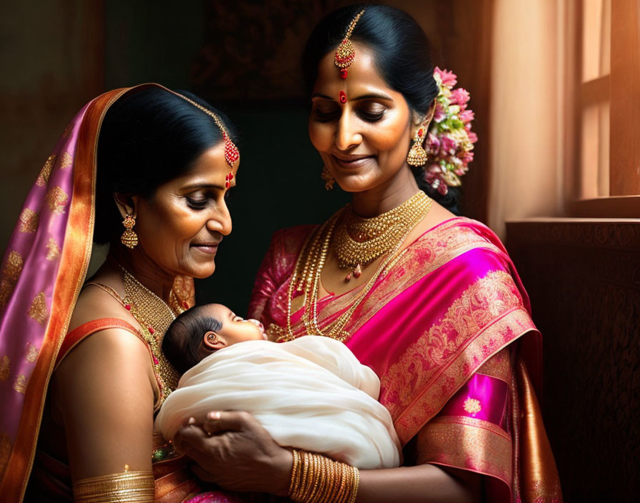 Traditional Indian Attire Women with Baby by Sunlit Window