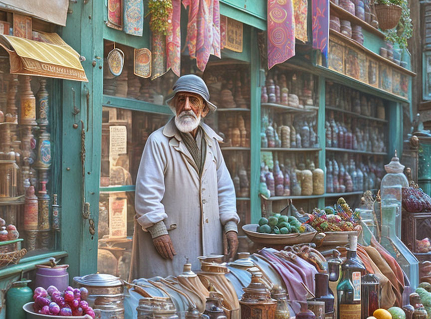Elderly man in coat and cap at vibrant market stall