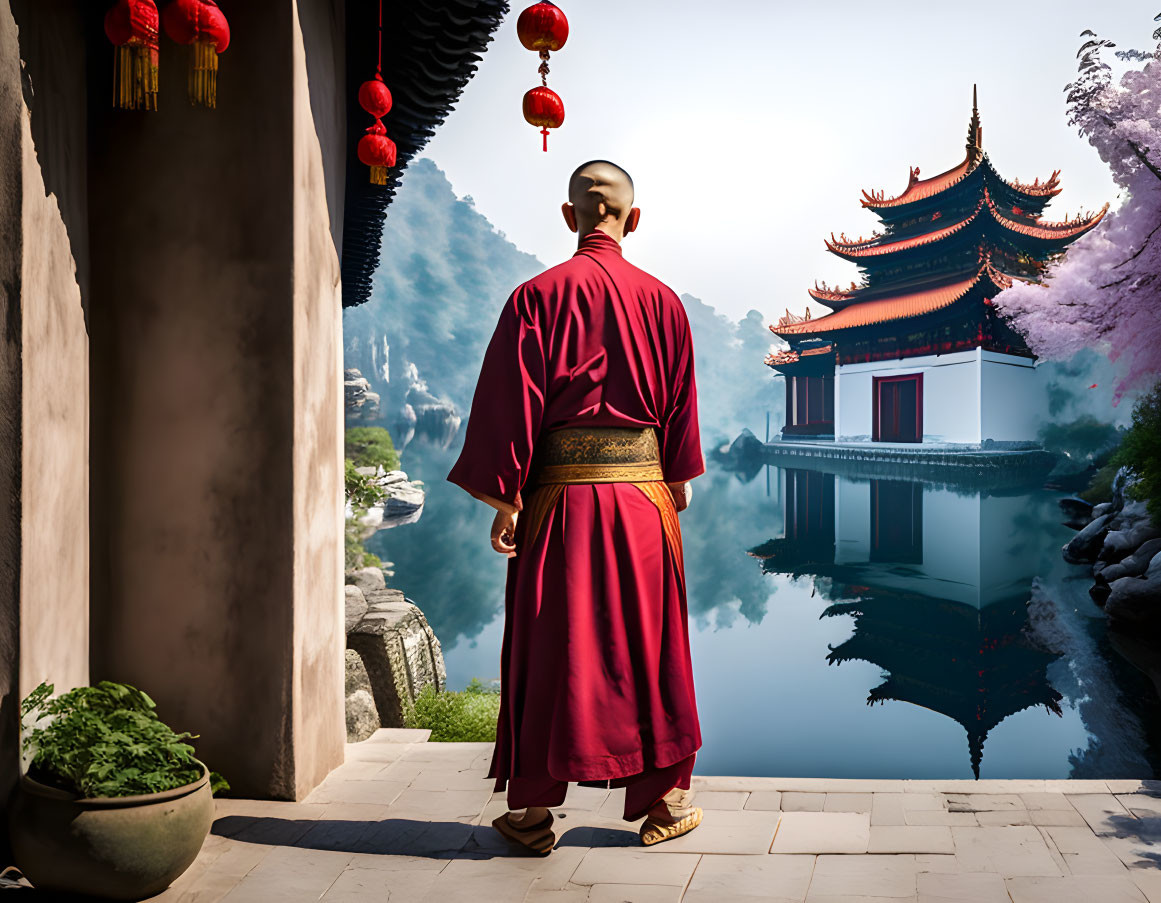Traditional Attire Person by Serene Lake with Chinese Architecture and Red Lanterns
