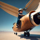Child flying steampunk wooden airplane over barren landscape