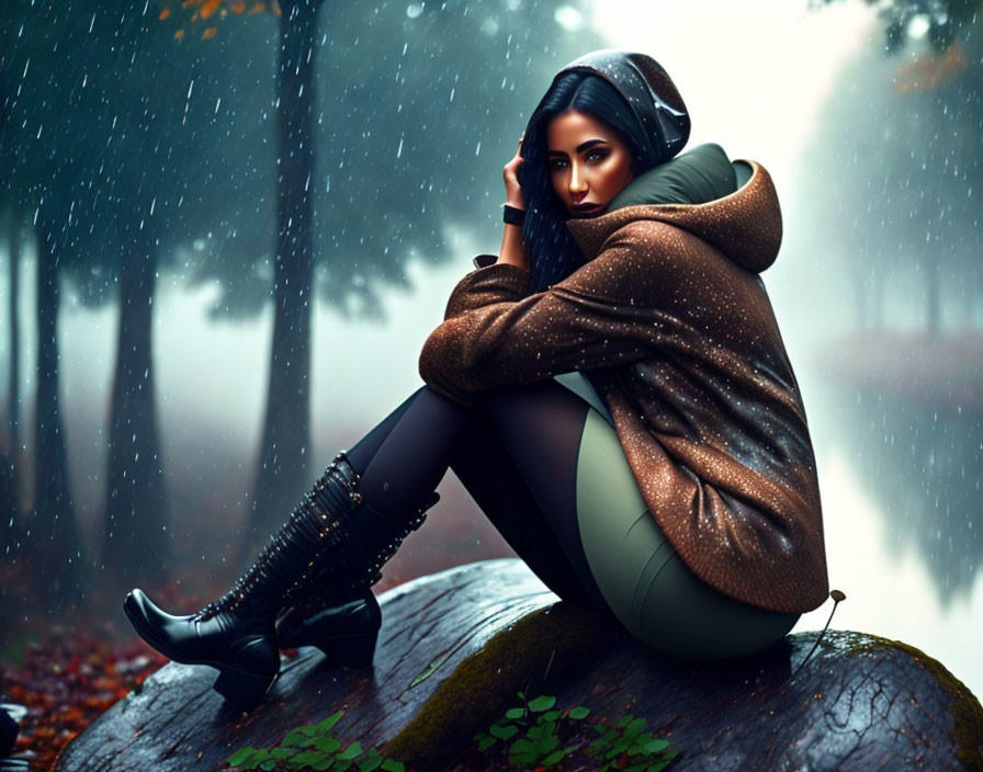 Woman in stylish outfit sitting on rock in rain-soaked forest - serene scene.