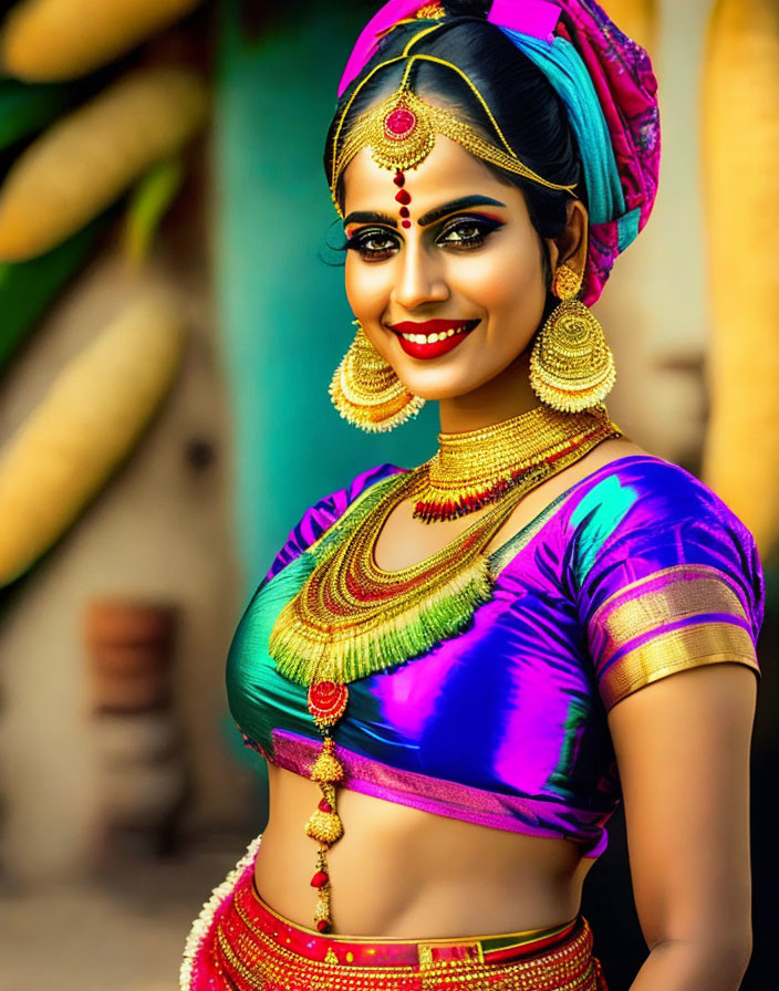 Traditional Indian Attire and Jewelry on Smiling Woman