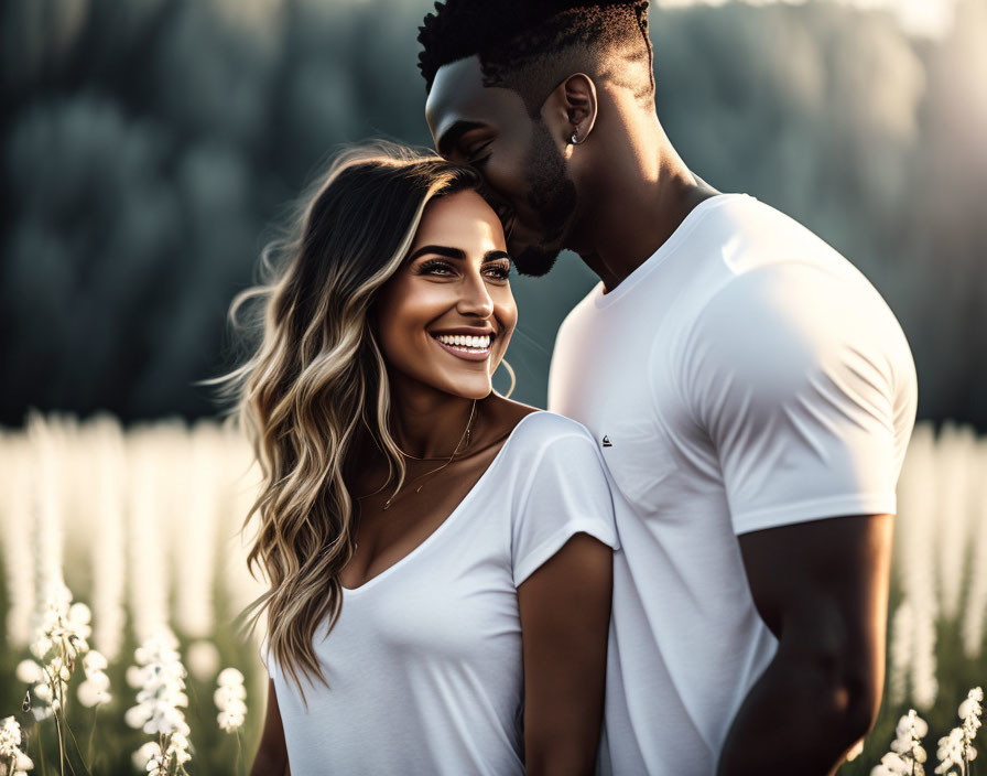 Smiling couple in white t-shirts in field of white flowers