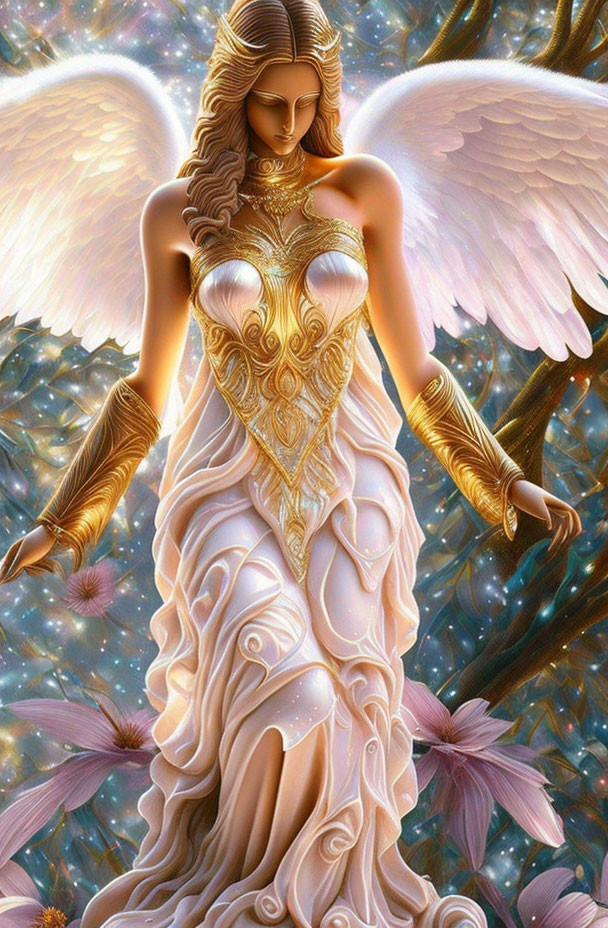 Angelic figure with large wings in white and gold dress on ethereal background