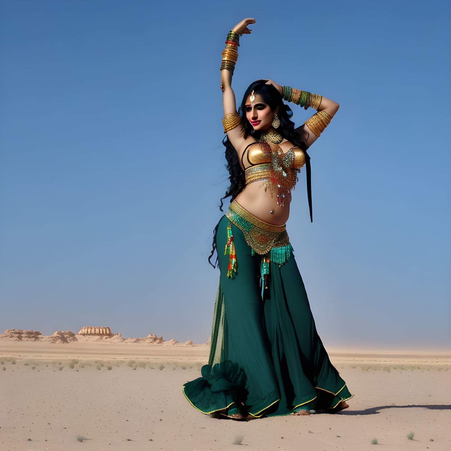 Elaborate belly dancing attire with gold accessories in desert setting