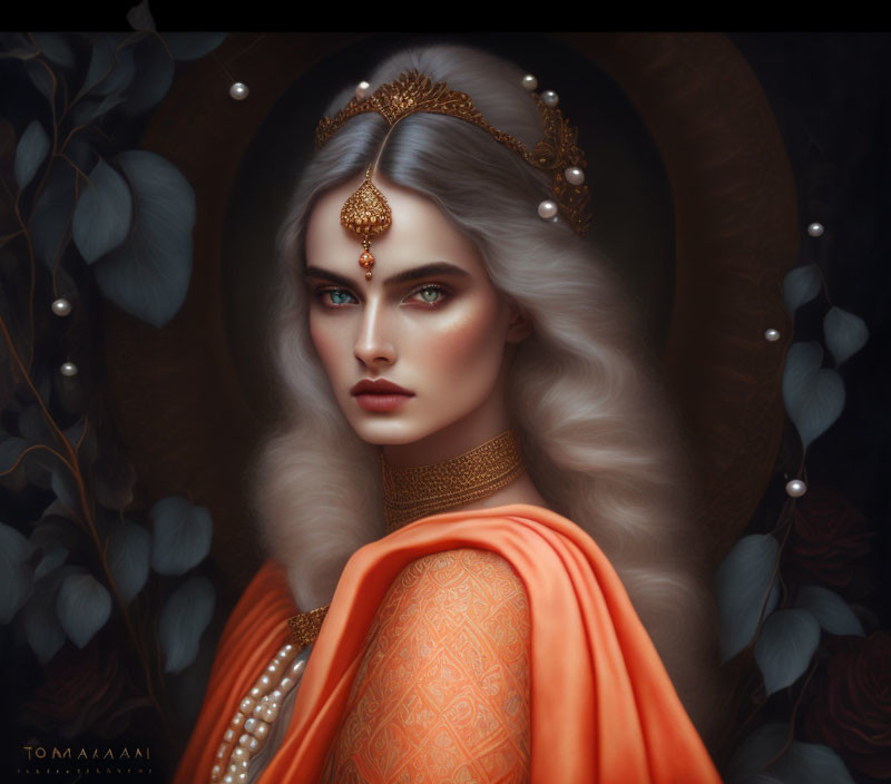 Regal woman with silver hair, gold jewelry, and orange cloak
