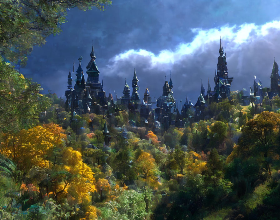Vibrant autumn leaves in mystical forest with dark ornate towers under dramatic sky