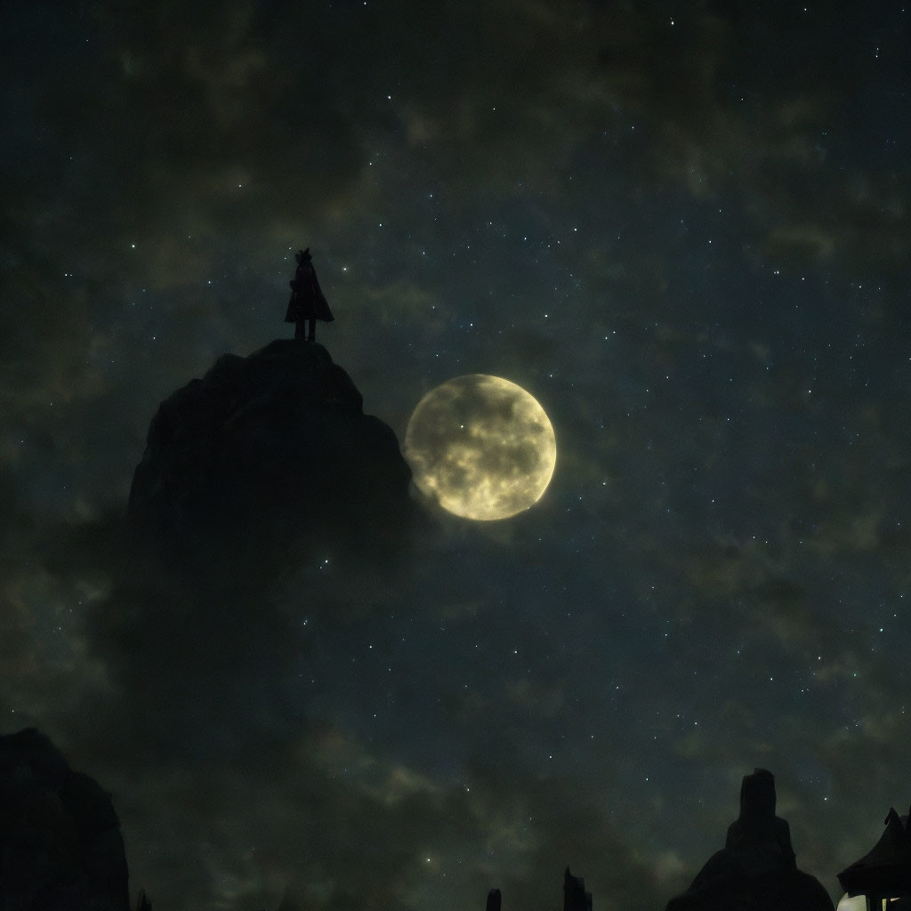 Silhouette figure on rock under full moon and clouds