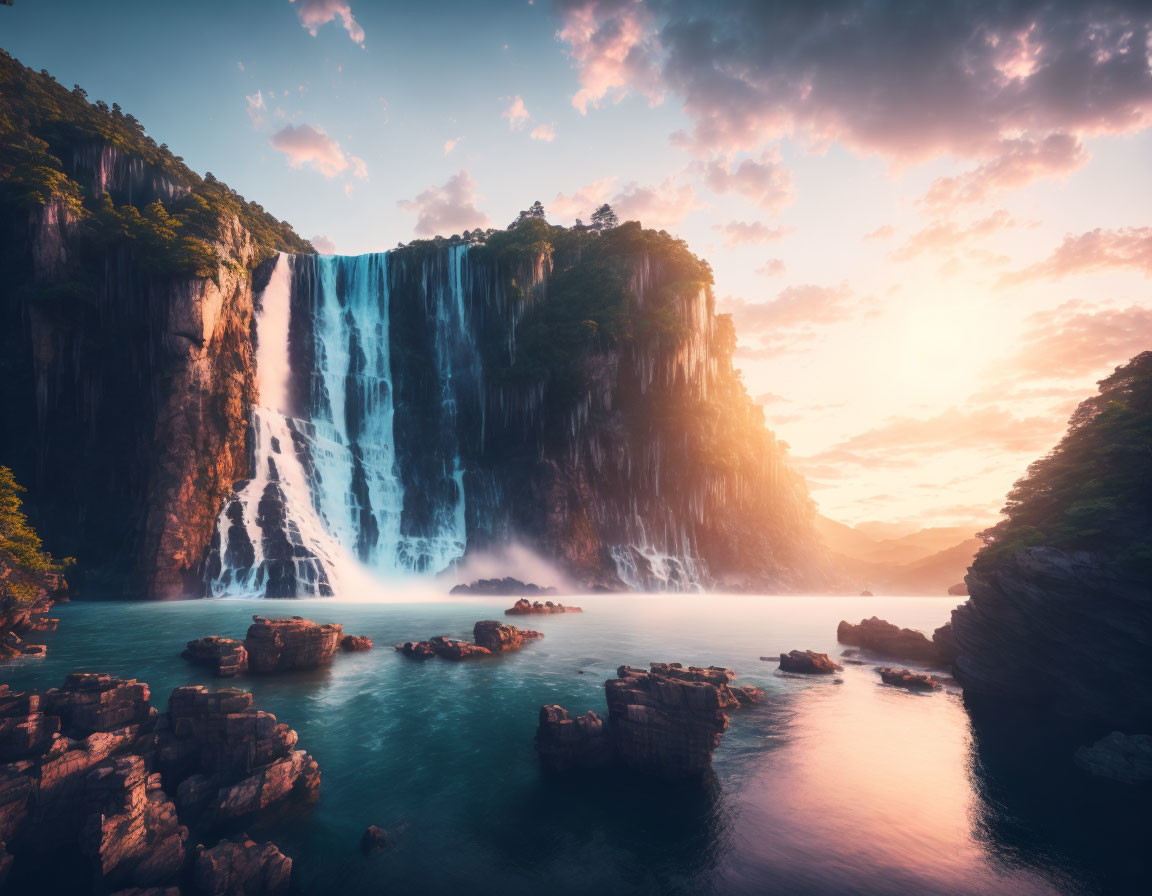 Scenic waterfall over cliff into tranquil pool at sunset