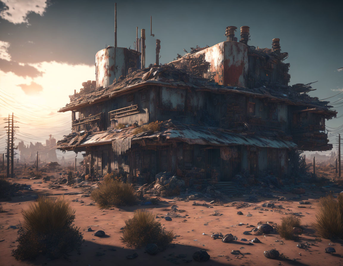Desolate desert landscape with ruined building and hazy sky