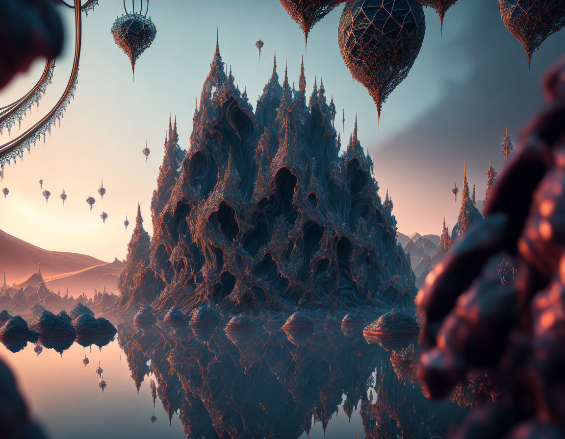 Fantastical landscape with spiky mountain, floating islands, and ethereal structures reflected in water