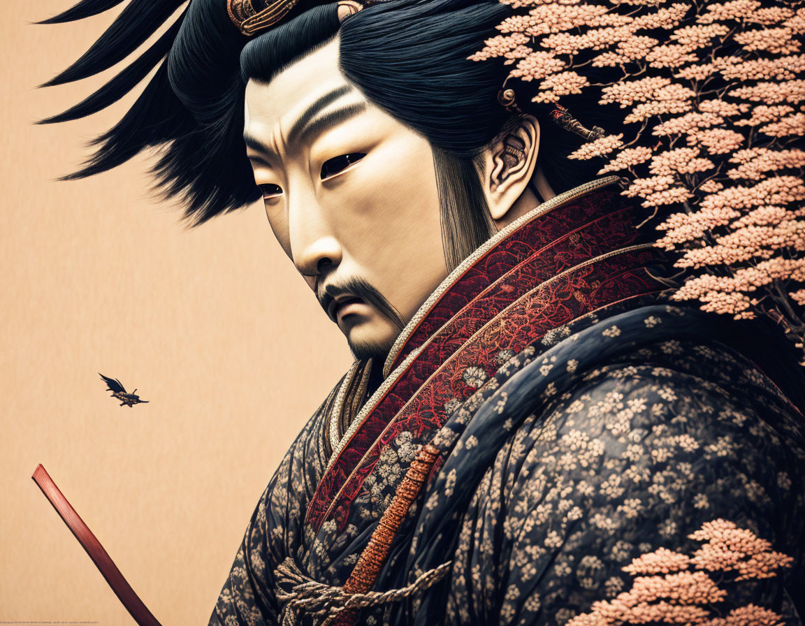 Traditional Japanese warrior with stern expression, detailed armor, sword, and cherry blossom background.