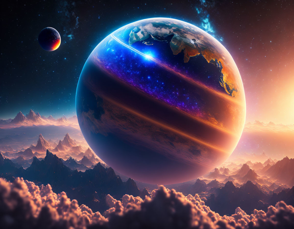 Colorful Planet in Cosmic Scene with Celestial Body and Rocky Foreground