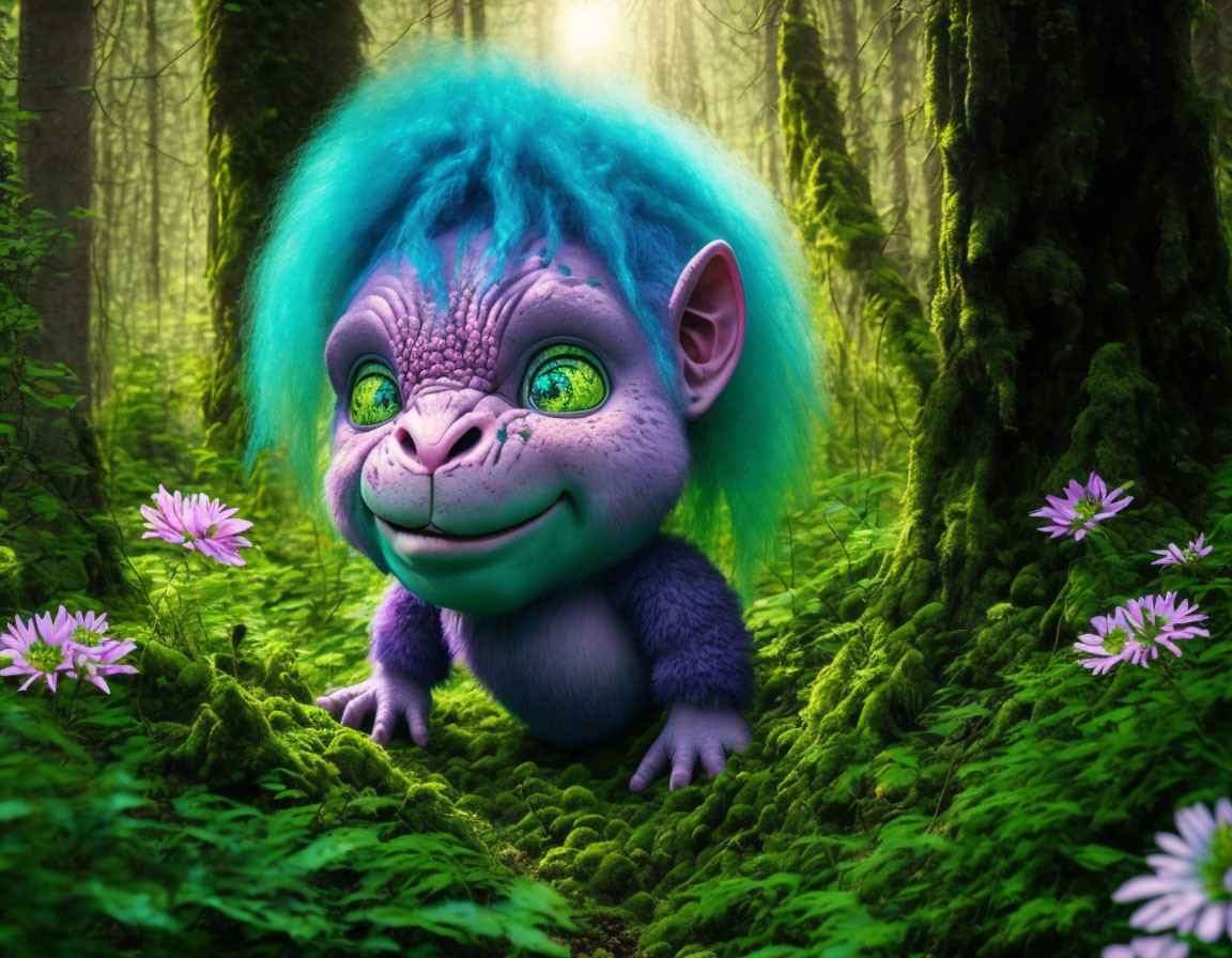 Colorful creature in mossy forest with purple flowers