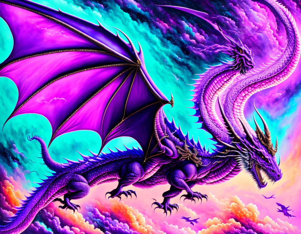 Colorful digital artwork: Purple dragon soaring in vibrant sky