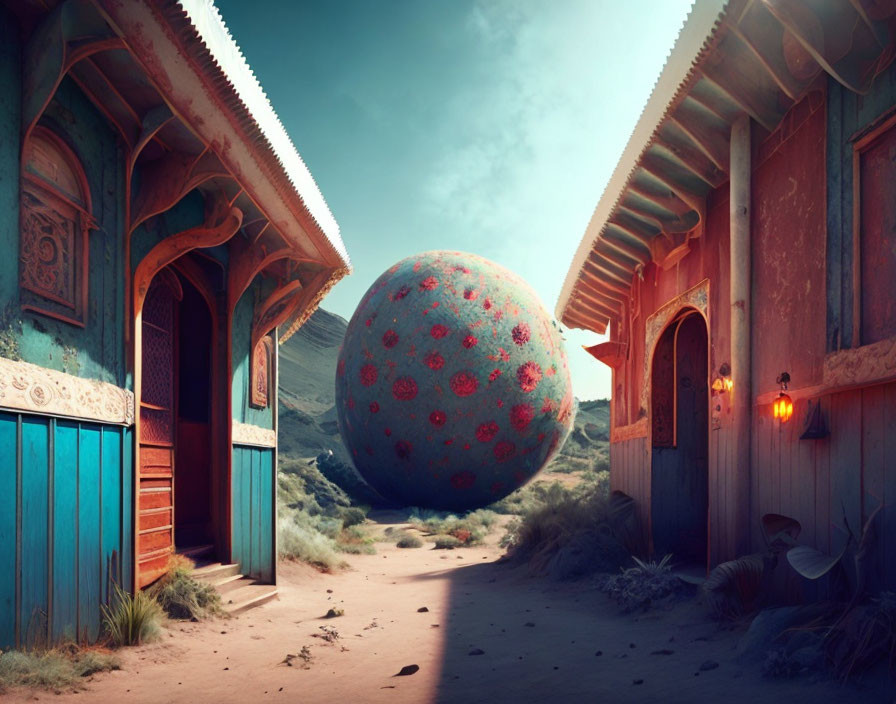 Surreal landscape with traditional houses, path, giant red ball, and floral patterns.